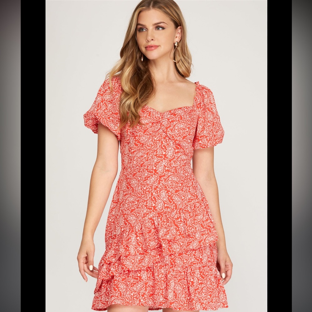 She + Sky Ruffle Red Mini Puff Sleeve Dress Size M